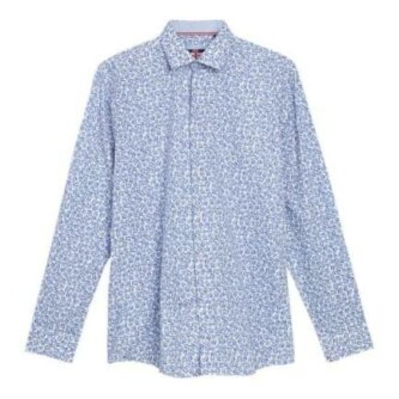 SOUL OF LONDON Large Blue Ditsy Leaf Print Slim Fit Shirt - Picture 1 of 1